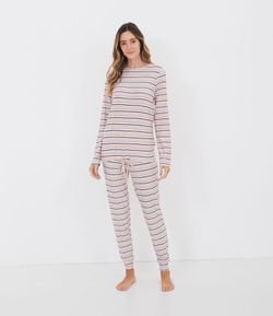Pijama Toque Suave Manga Longa e Calça com Estampa de Listras