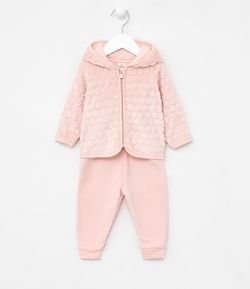 Conjunto Infantil em Fleece Casaco com Texturas de Bolinhas e Calça Lisa - Tam 0 a 18 meses