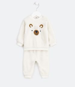 Conjunto Infantil em Fleece Blusão Bordado de Urso e Calça Lisa - Tam 0 a 18 meses