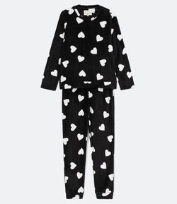Pijama Manga Longa Calça com Estampa Corações Fleece 