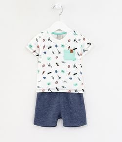 Conjunto Infantil Camiseta Estampada e Bermuda com Textura - Tam 0 a 18 meses