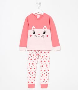 Pijama Infantil Estampa de Gatinha - Tam 2 a 14 anos