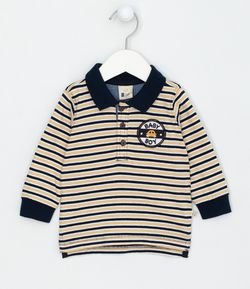 Camiseta Infantil Polo Listrada com Patch - Tam 0 a 18 meses