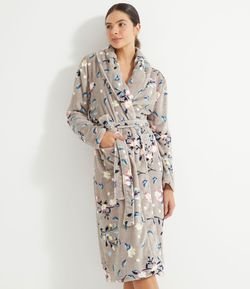 Robe Fleece Longo Manga Longa Estampa Floral com Bolso