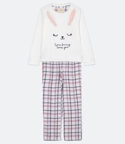 Pijama Fleece Manga Longa Bordado Orelhas de Coelho com Calça de Flanela 