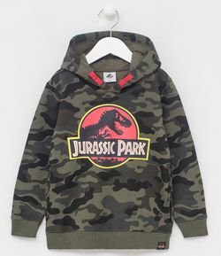 Blusão Infantil Estampa Camuflada Logo Jurassic Park em Moletom - Tam 5 a 14 