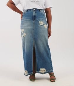 Saia Longa Jeans com Puídos Curve & Plus Size