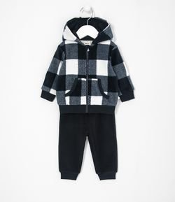 Conjunto Infantil em Fleece com Casaco Xadrez  e Calça Lisa - Tam 0 a 18 meses