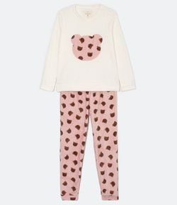 Pijama Fleece Manga Longa e Calça com Estampa de Mini Ursos