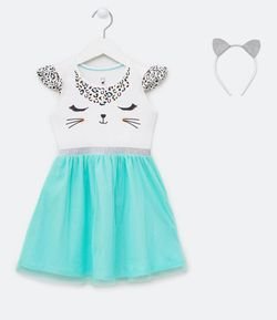 Vestido Infantil Estampa de Onça com Detalhes Neon e Tiara - Tam 1 a 5 anos