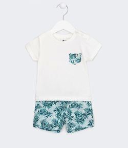 Conjunto Infantil Camiseta Bolso Estampa Folhagem Bermuda em Microfibra Estampada - Tam 0 a 18 meses