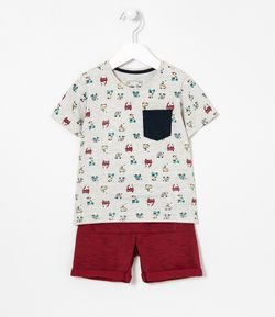 Conjunto Infantil Camiseta Estampa de Carrinhos e Bermuda com Bolso Canguru - 1 a 5 anos
