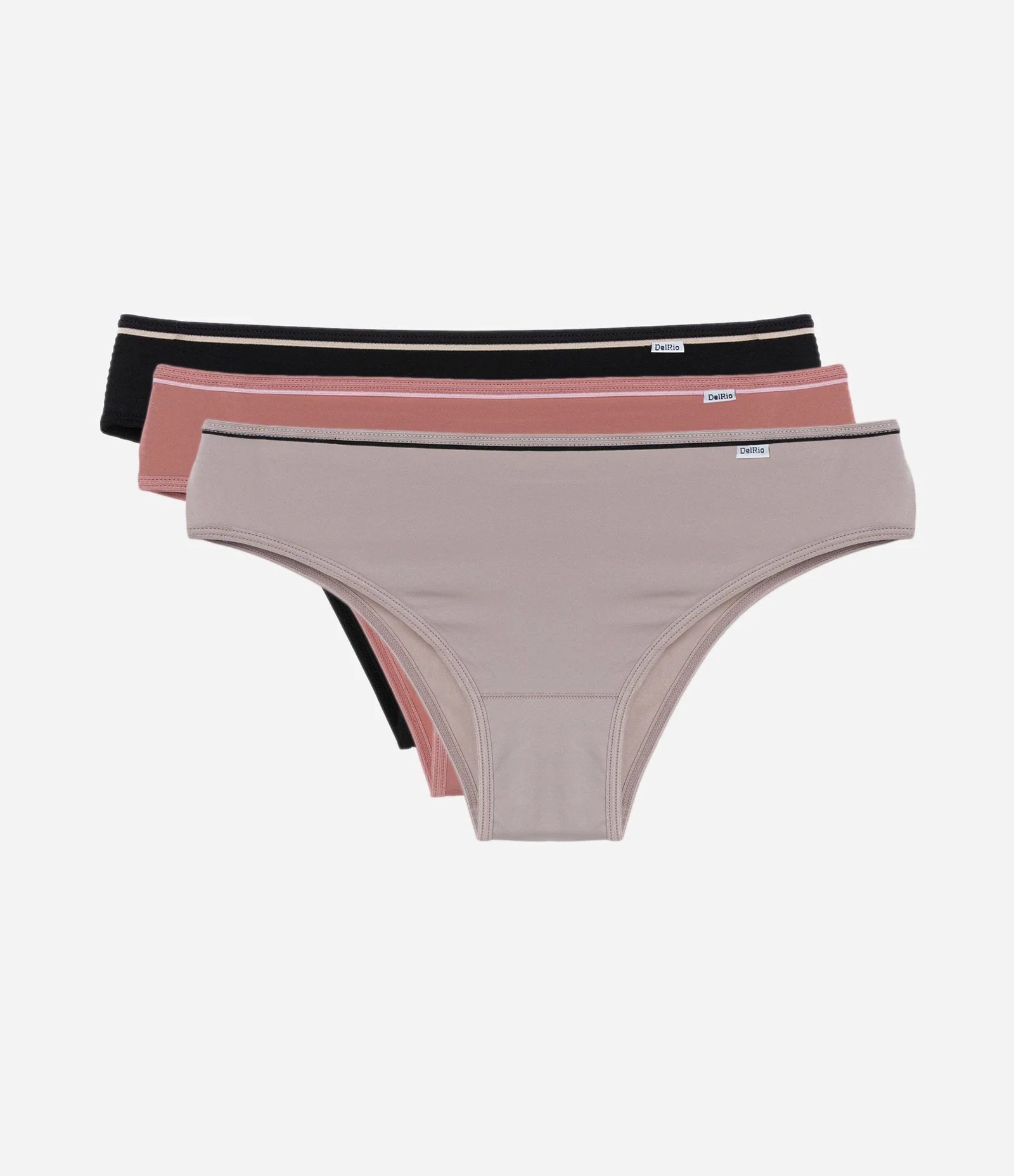 Kit 03 Calcinhas Biquíni em Microfibra com Cós Elástico DelRio Preto/Rosa/Bege 1