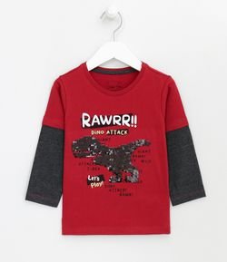Camiseta Infantil Sobreposta Estampa Dinossauro com Paêtes - Tam 1 a 5 anos