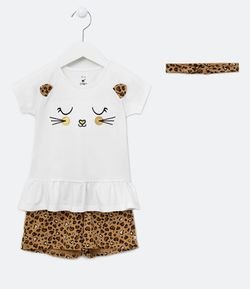 Conjunto Infantil Blusa Estampa de Bichinho com Orelhinhas e Short Estampa Animal Print e Tiara - Tam 1 a 5 anos