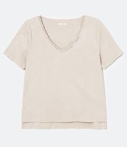 Blusa Ampla Lisa em Suede Gola V