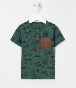 Camiseta Infantil Estampa com Bolso em Fake Suede - Tam 1 a 5 anos