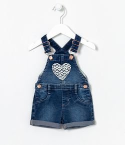 Jardineira Infantil Jeans com Coração de Rendinha - Tam 3 a 18 meses
