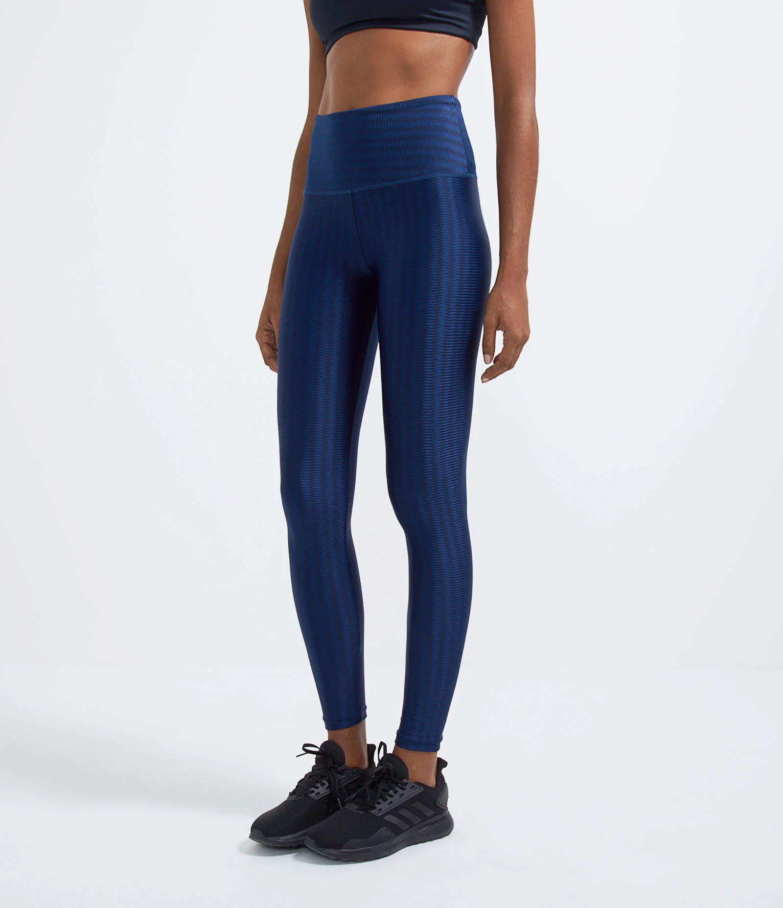 Calça Legging Esportiva em Poliamida Texturizada com Brilho e Cós Alto Azul Marinho 1