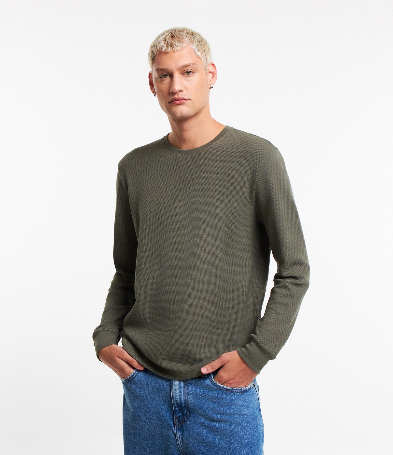Camiseta Regular em Algodão com Textura Waffle e Manga Longa Verde 1