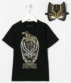 Camiseta Infantil Estampa Pantera Negra e Máscara - Tam 4 a 10 anos