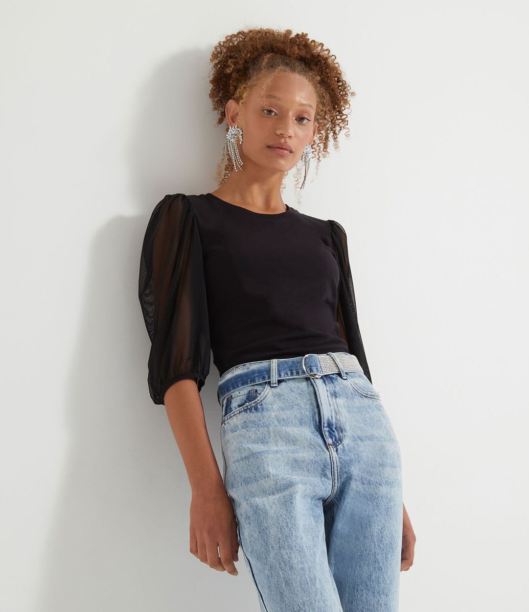 Blusa com Mangas Bufantes em Tule Menor preço em Blusa com Mangas Bufantes em Tule