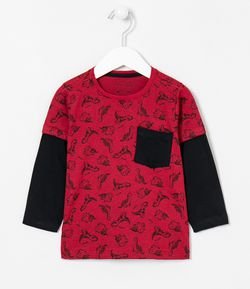 Camiseta Infantil Sobreposta Estampa de Dinossauros - Tam 1 a 5 anos