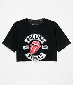 Blusa Cropped Manga Curta Estampa Rolling Stones Lavada 