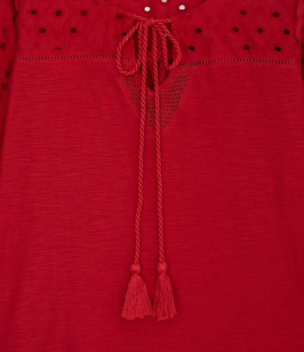 Blusa Amplia en Algodón con Agujeritos y Cordón en el Escote Rojo  8