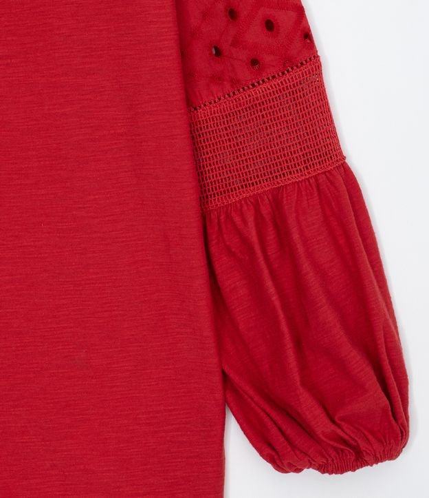 Blusa Amplia en Algodón con Agujeritos y Cordón en el Escote Rojo  9
