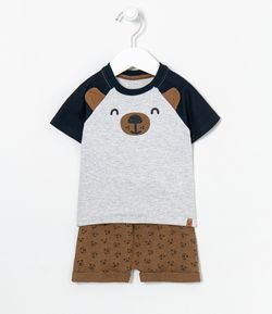 Conjunto Infantil Camiseta Estampa de Urso Bermuda Estampada - Tam 0 a 18 meses