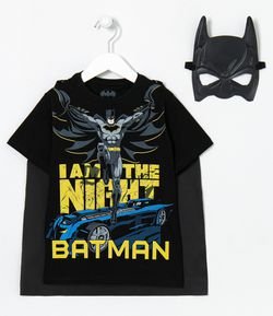 Camiseta Infantil Manga Curta Estampa Interativa Batman e Batmovel com Máscara  - Tam 3 a 10