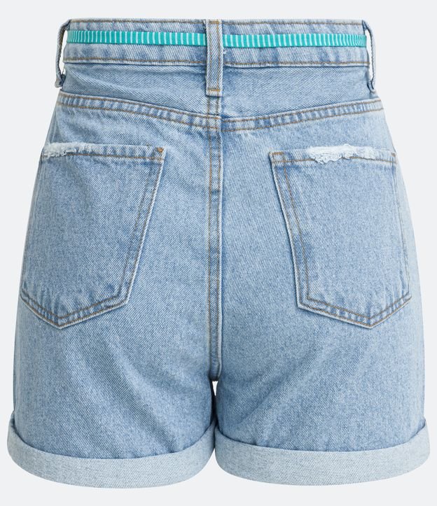 Short Mom em Jeans com Cinto-Cadarço e Barra Dobrada Azul