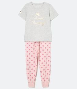 Pijama Manga Curta Calça com Punho Poá Estampa Queen Mommy em Algodão 