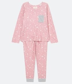 Pijama Longo com Estampa de Estrelas Luas e Toque Suave 