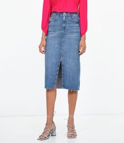 Saia Midi em Jeans Liso com Fenda Frontal