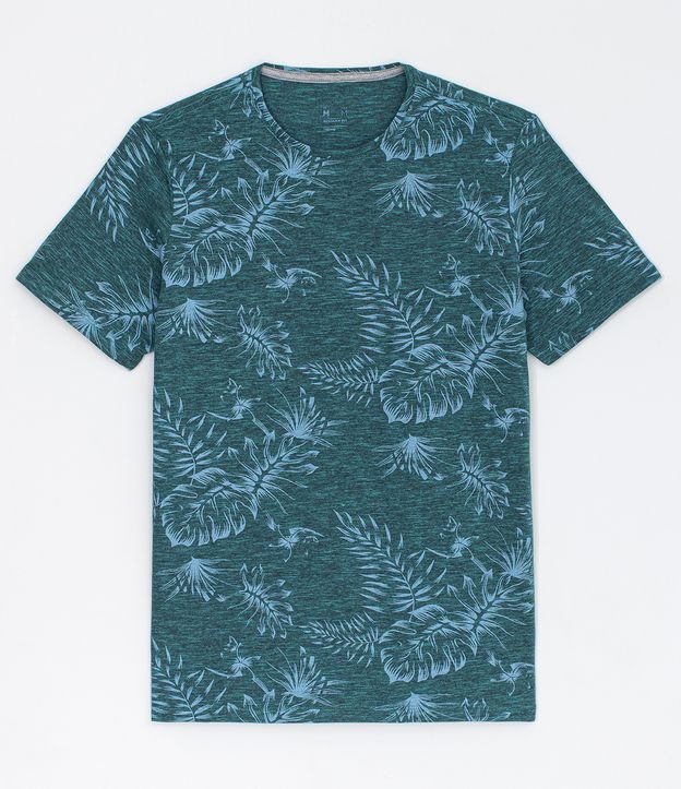 Camiseta Regular em Algodão com Estampa de Folhagens Azul 4