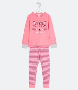 Pijama Infantil Toque Suave Estampa de Gatinha - Tam 5 a 14 anos