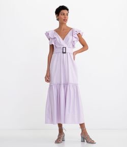 Vestido Midi Liso com Babados e Decote V Transpassado