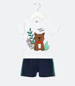 Conjunto Infantil Camiseta Estampa Cachorrinho Bermuda Lisa - Tam 0 a 18 meses