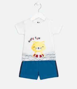Conjunto Infantil Camiseta e Bermuda Estampa Gatinho - Tam 0 a 18 meses