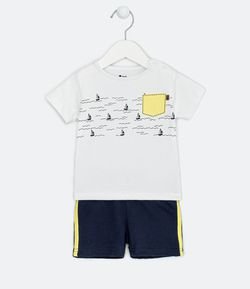 Conjunto Infantil Camiseta Estampa Barcos e Bermuda Lisa - Tam 0 a 18 meses