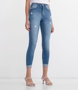 Calça Jeans Liso Skinny com Barra Dobrada e Bolso Desfiado 