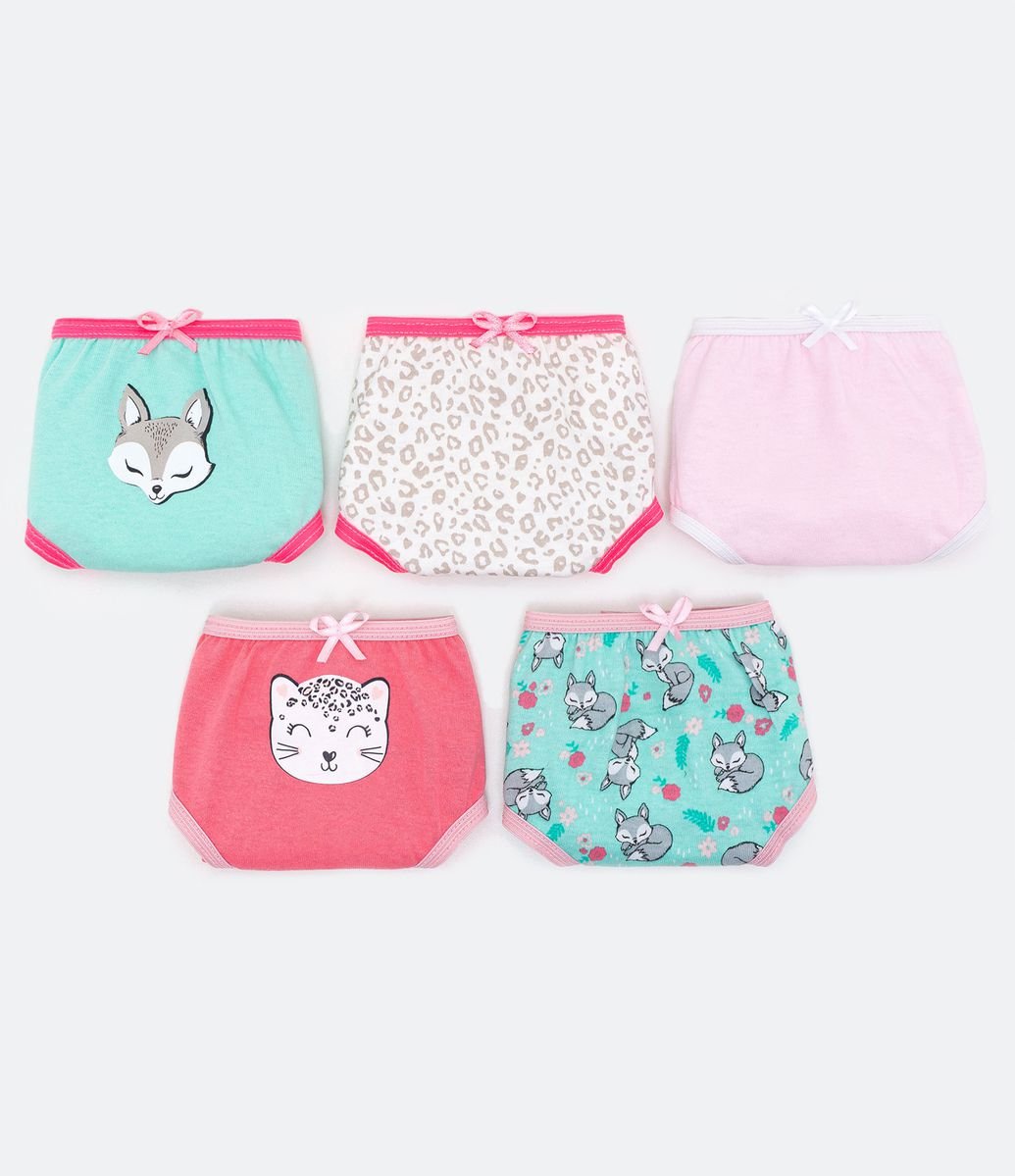 Kit com 5 Calcinha Infantil Estampa de Animais - Tam 2 a 14 anos Sortido