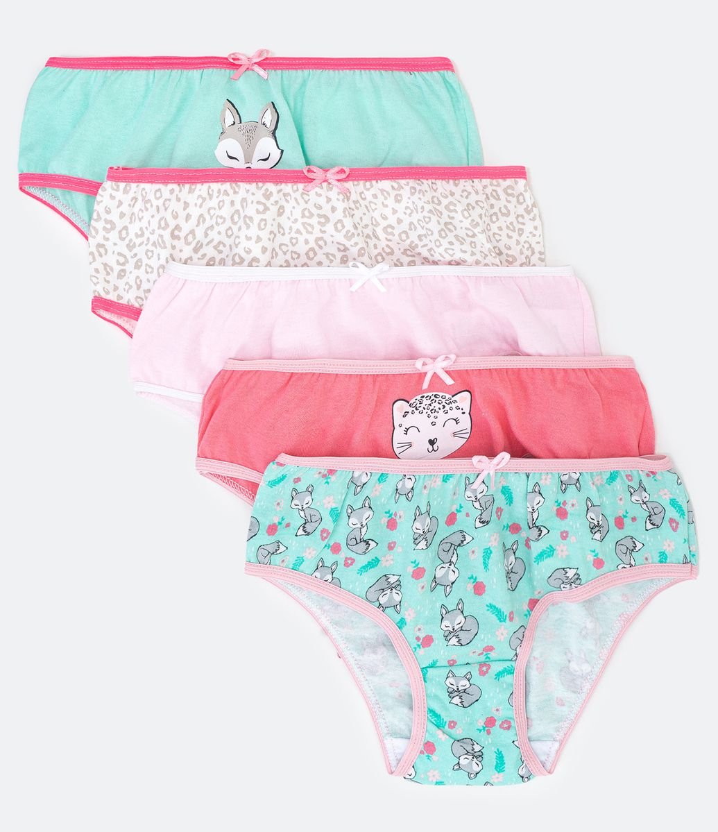 Kit com 5 Calcinha Infantil Estampa de Animais - Tam 2 a 14 anos Sortido