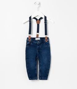 Calça Infantil Jeans com Bolsos e Suspensório - Tam 0 a 18 