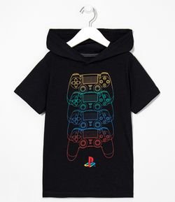 Camiseta Infantil Estampa Playstation com Capuz - Tam 5 a 14 anos