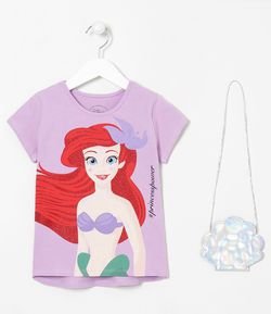 Blusa Infantil Estampa Ariel com Glitter e Bolsa - Tam 2 a 10 anos