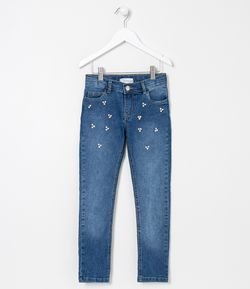 Calça Infantil Jeans Lisa com Aplicações de Strass - Tam 5 a 14