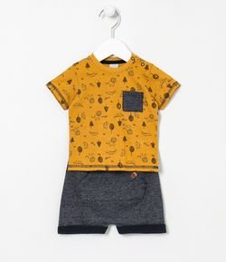 Conjunto Infantil Camiseta Estampa Bichinhos na Floresta e Bermuda Saruel - Tam 0 a 18 meses